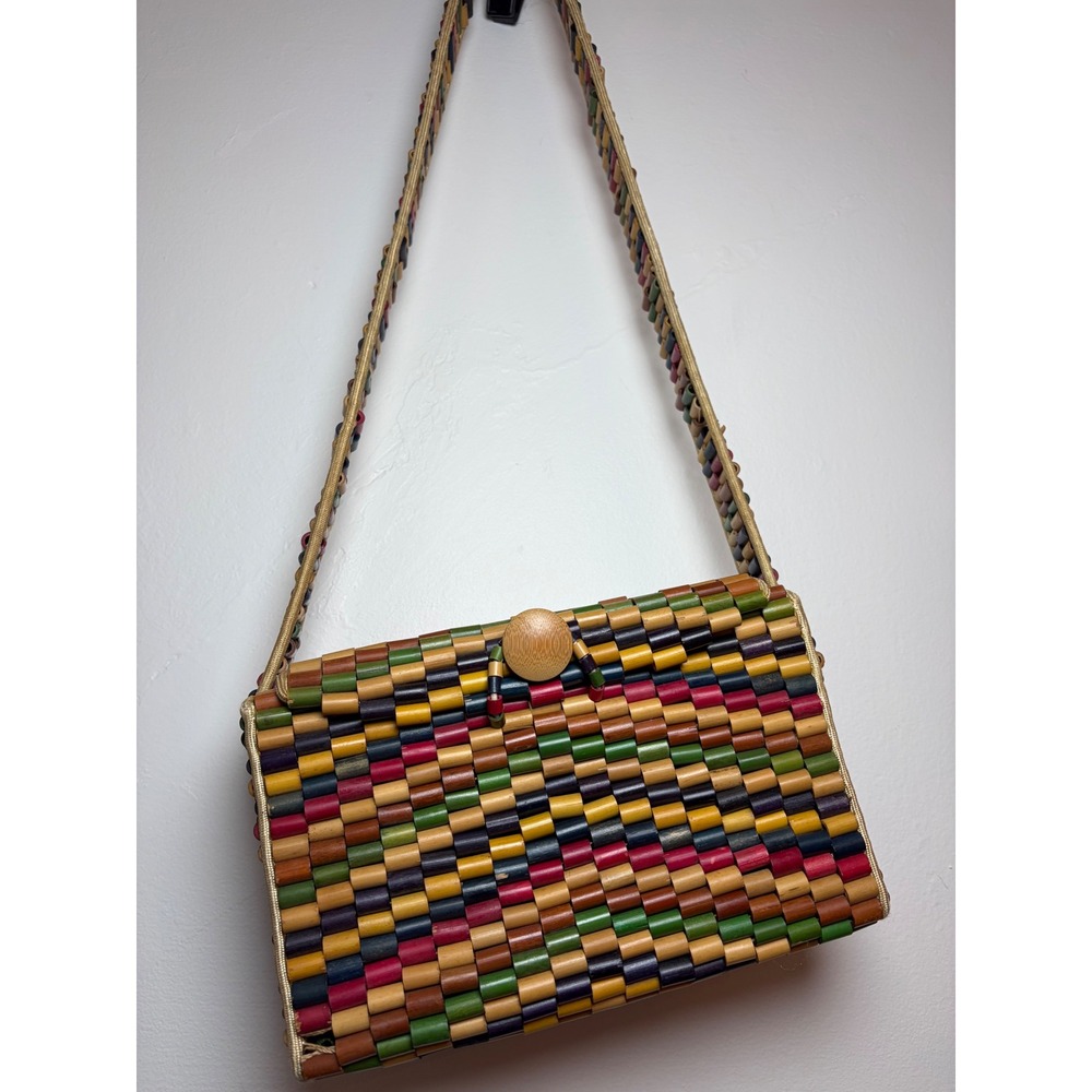 Occupied Japan Rare Vintage Bamboo Beaded Purse Herringbone Handbag 1940's Color